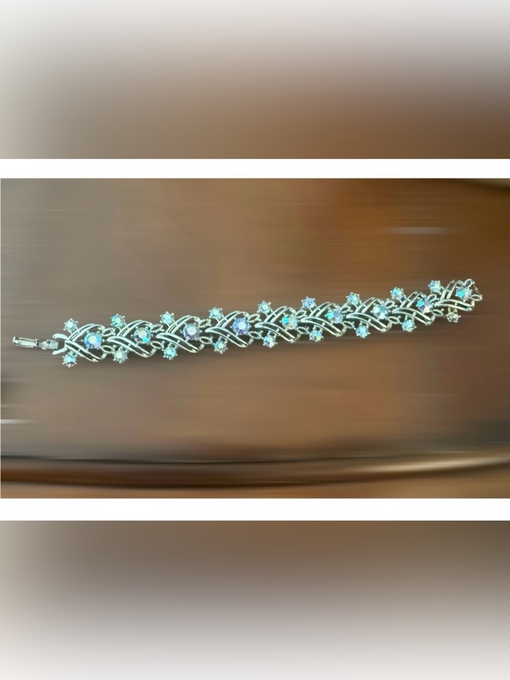 1950’s Mid Century Aqua Rhinestone Statement Bracelet  in a  Silver Setting, 7”‎